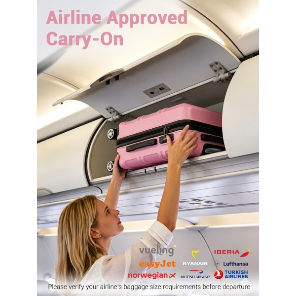 KSK2581 - Kono 20 Inch ABS+PC Hard Shell Cabin Suitcase, TSA Lock YKK Zipper 360° TPE Spinner Wheels Carry On Luggage - Pink And Black