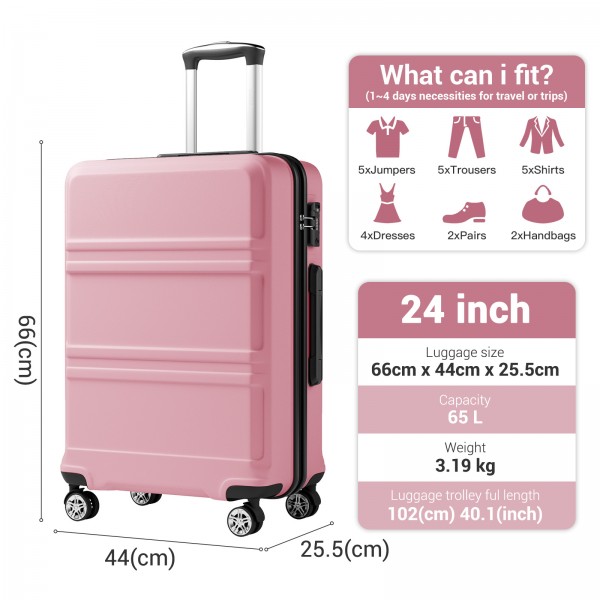 KSK2581 - Kono 24 Inch ABS+PC Hard Shell Suitcase, TSA Lock YKK Zipper 360° Spinner Wheels Medium Checked Luggage - Pink And Black