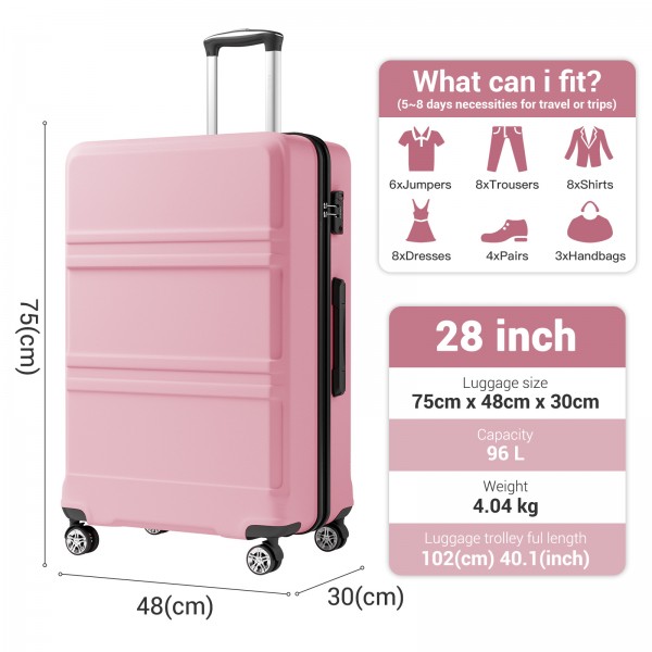 KSK2581 - Kono 28 Inch Large Capacity ABS+PC Hard Shell Suitcase, TSA Lock YKK Zipper 360° Silent Spinner Wheels Luggage - Pink And Black