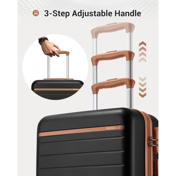 KSK2584 - Kono Kratzerresistente 28-Zoll Hartschalenreisetasche mit horizontalem Streifendesign, braunen Akzenten und Spinner-Rädern - Schwarz und Braun