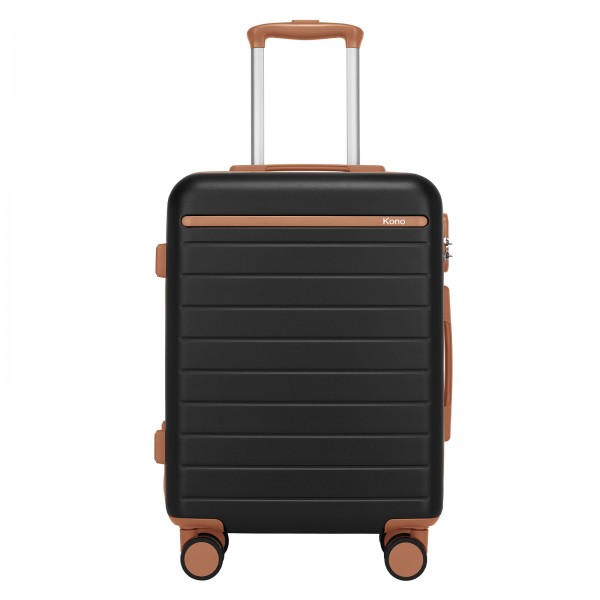 KSK2584 - Kono Kratzfester 20-Zoll-Hartschalen-Kabinenkoffer mit horizontalem Streifendesign, braunen Akzenten und Spinner-Rädern - Schwarz/Braun