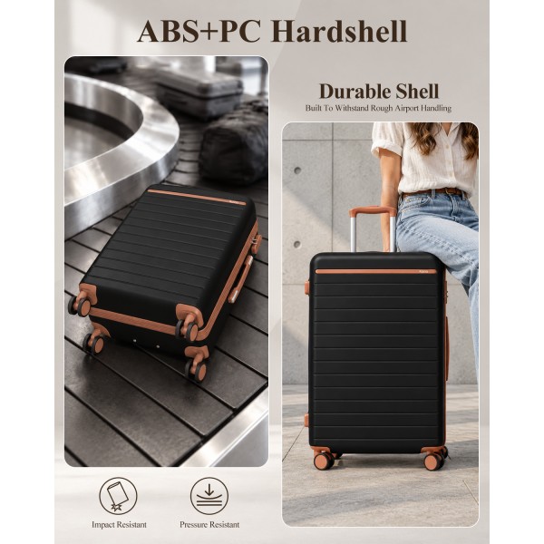 KSK2584 - Kono Kratzfester 20-Zoll-Hartschalen-Kabinenkoffer mit horizontalem Streifendesign, braunen Akzenten und Spinner-Rädern - Schwarz/Braun