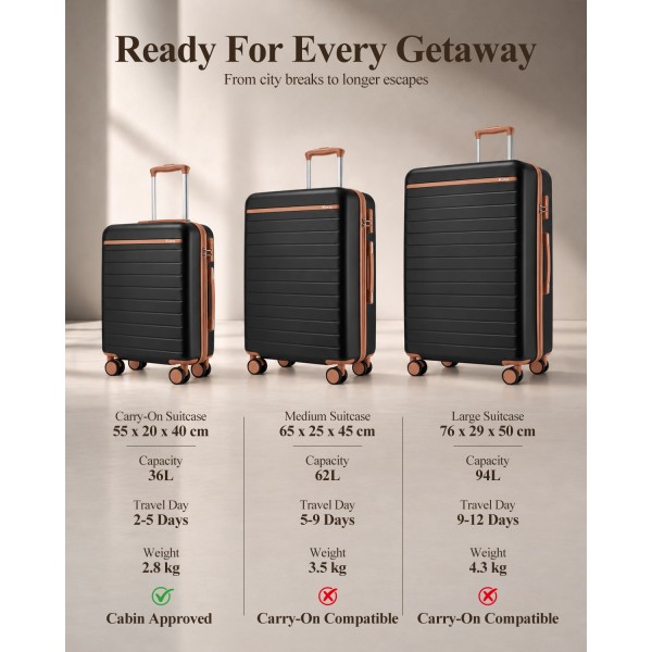 KSK2584 - Kono Scratch-Resistant 3-Piece Hard Shell Luggage Set with Horizontal Stripe Design, Brown Accents & Spinner Wheels - Black and Brown