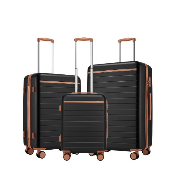 KSK2584 - Kono Scratch-Resistant 3-Piece Hard Shell Luggage Set with Horizontal Stripe Design, Brown Accents & Spinner Wheels - Black and Brown