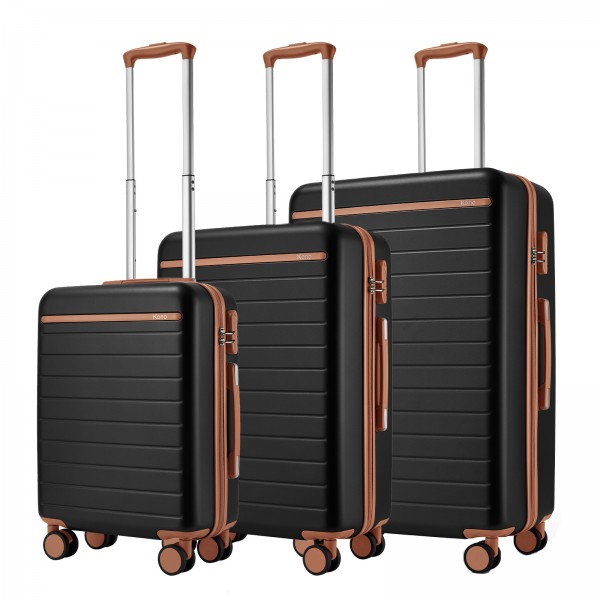 KSK2584 - Kono Scratch-Resistant 3-Piece Hard Shell Luggage Set with Horizontal Stripe Design, Brown Accents & Spinner Wheels - Black and Brown