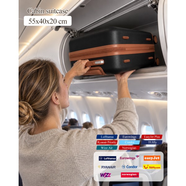 KSK2584 - Kono Scratch-Resistant 3-Piece Hard Shell Luggage Set with Horizontal Stripe Design, Brown Accents & Spinner Wheels - Black and Brown