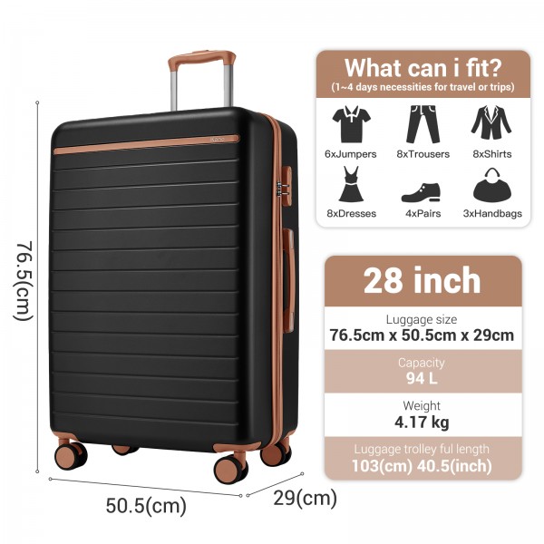KSK2584 - Kono Kratzerresistente 28-Zoll Hartschalenreisetasche mit horizontalem Streifendesign, braunen Akzenten und Spinner-Rädern - Schwarz und Braun