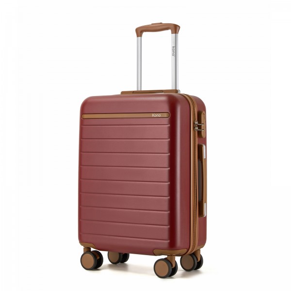 KSK2584 - Kono Kratzfester 20-Zoll-Hartschalen-Kabinenkoffer mit horizontalem Streifendesign, braunen Akzenten und Spinner-Rädern - Burgund und Braun