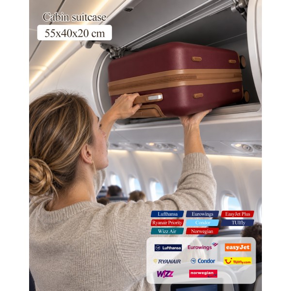 KSK2584 - Kono Kratzfester 20-Zoll-Hartschalen-Kabinenkoffer mit horizontalem Streifendesign, braunen Akzenten und Spinner-Rädern - Burgund und Braun