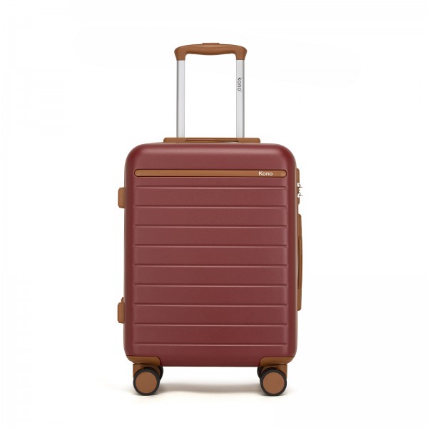 KSK2584 - Kono Kratzfester 20-Zoll-Hartschalen-Kabinenkoffer mit horizontalem Streifendesign, braunen Akzenten und Spinner-Rädern - Burgund und Braun