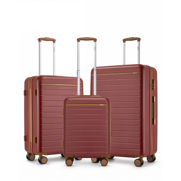 KSK2584 - Kono 3-teiliges Hard-Shell Gepäckset mit horizontalem Streifenmuster, braunen Akzenten und Spinner-Rädern - Burgund und Braun