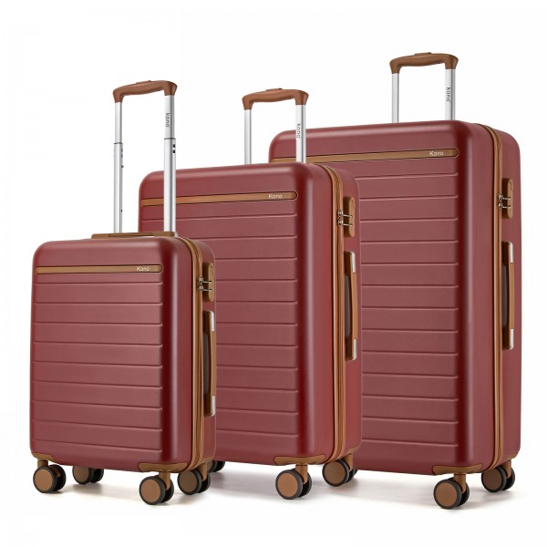 KSK2584 - Kono 3-teiliges Hard-Shell Gepäckset mit horizontalem Streifenmuster, braunen Akzenten und Spinner-Rädern - Burgund und Braun
