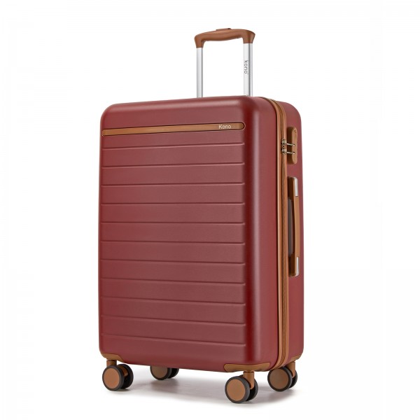 KSK2584 - Kono Kratzfeste 24-Zoll Hartschalen-Mittelgepäck mit horizontalem Streifenmuster, braunen Akzenten und Spinner-Rädern - Burgund und Braun