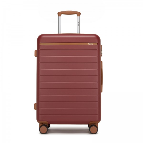 KSK2584 - Kono Kratzfeste 24-Zoll Hartschalen-Mittelgepäck mit horizontalem Streifenmuster, braunen Akzenten und Spinner-Rädern - Burgund und Braun