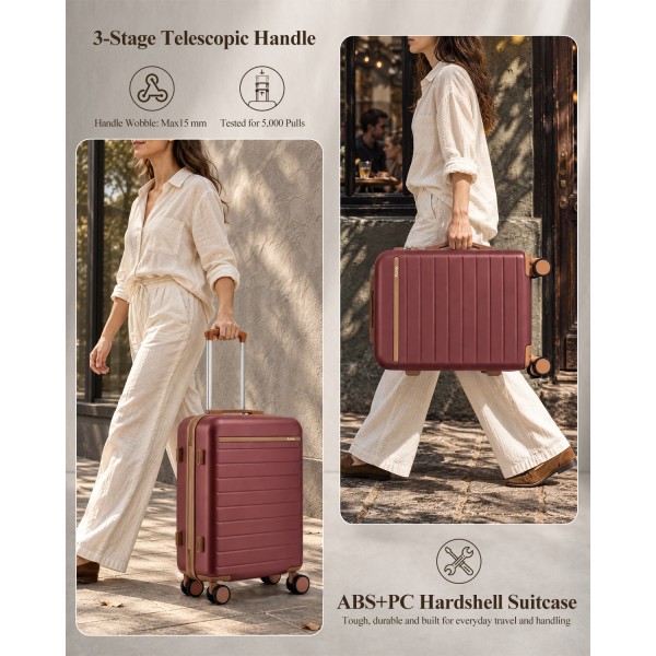 KSK2584 - Kono Kratzerresistente 28-Zoll Hartschalenreisetasche mit horizontalem Streifendesign, braunen Akzenten und Spinner-Rädern - Burgund und Braun