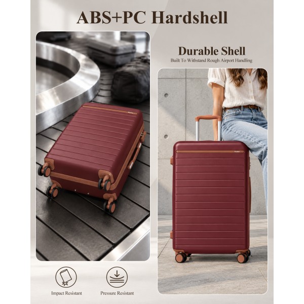 KSK2584 - Kono Kratzerresistente 28-Zoll Hartschalenreisetasche mit horizontalem Streifendesign, braunen Akzenten und Spinner-Rädern - Burgund und Braun