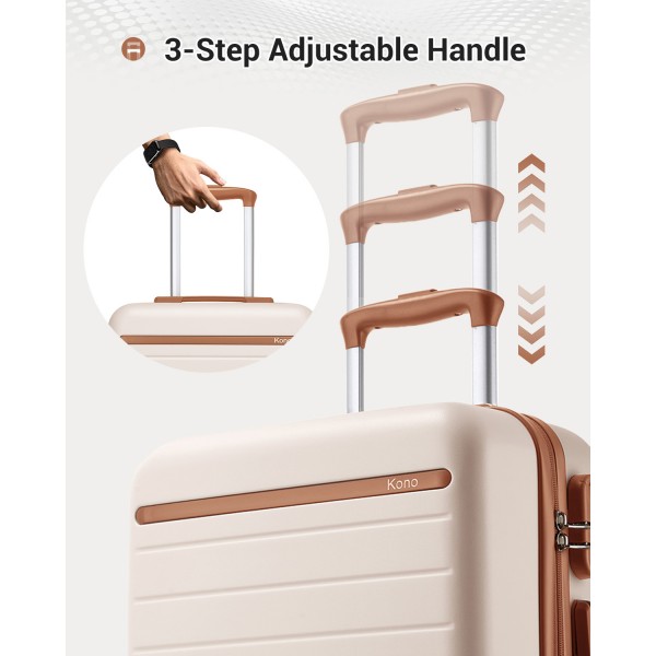KSK2584 - Kono Scratch-Resistant 24-Inch Hard Shell Medium Check-In Suitcase with Horizontal Stripe Design, Brown Accents & Spinner Wheels - Cream and Brown