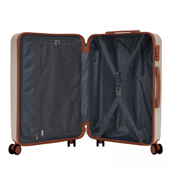 KSK2584 - Kono Kratzerresistente 28-Zoll Hartschalenreisetasche mit horizontalem Streifendesign, braunen Akzenten und Spinner-Rädern - Creme und Braun