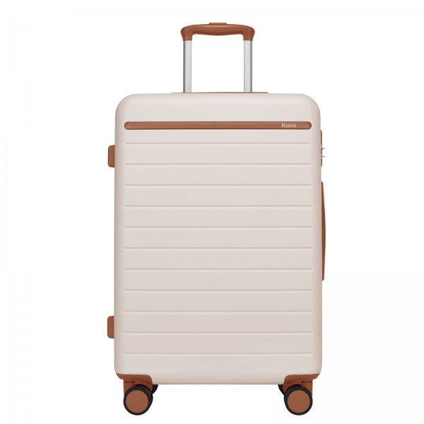 KSK2584 - Kono Kratzerresistente 28-Zoll Hartschalenreisetasche mit horizontalem Streifendesign, braunen Akzenten und Spinner-Rädern - Creme und Braun