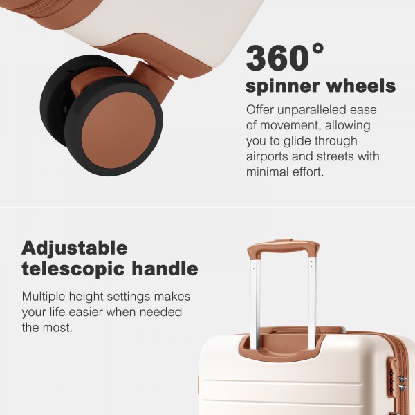 KSK2584 - Kono Kratzerresistente 28-Zoll Hartschalenreisetasche mit horizontalem Streifendesign, braunen Akzenten und Spinner-Rädern - Creme und Braun