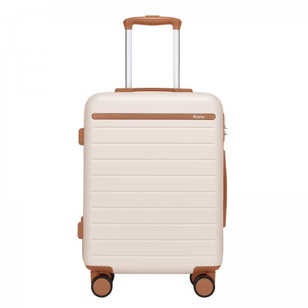 KSK2584 - Kono Scratch-Resistant 20-Inch Hard Shell Cabin Suitcase with Horizontal Stripe Design, Brown Accents & Spinner Wheels - Cream and Brown