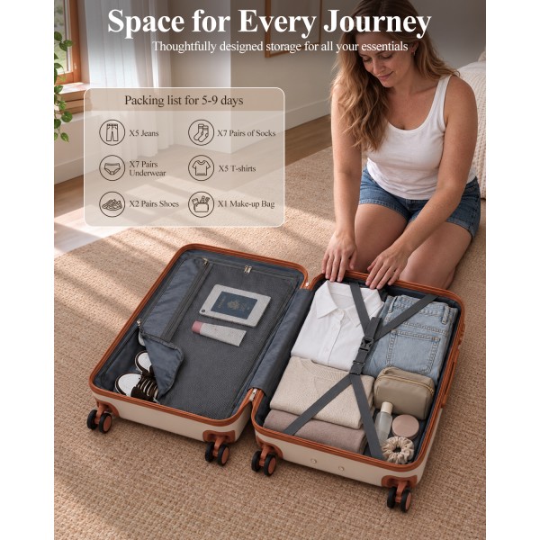KSK2584 - Kono Scratch-Resistant 3-Piece Hard Shell Luggage Set with Horizontal Stripe Design, Brown Accents & Spinner Wheels - Cream and Brown
