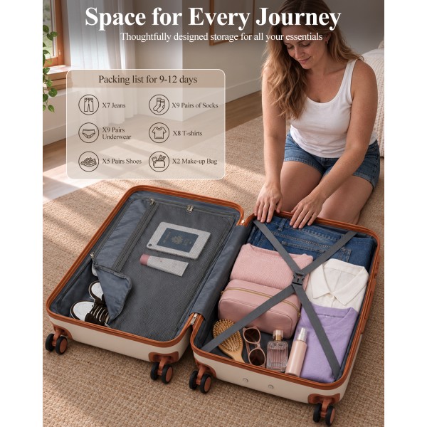 KSK2584 - Kono Scratch-Resistant 3-Piece Hard Shell Luggage Set with Horizontal Stripe Design, Brown Accents & Spinner Wheels - Cream and Brown