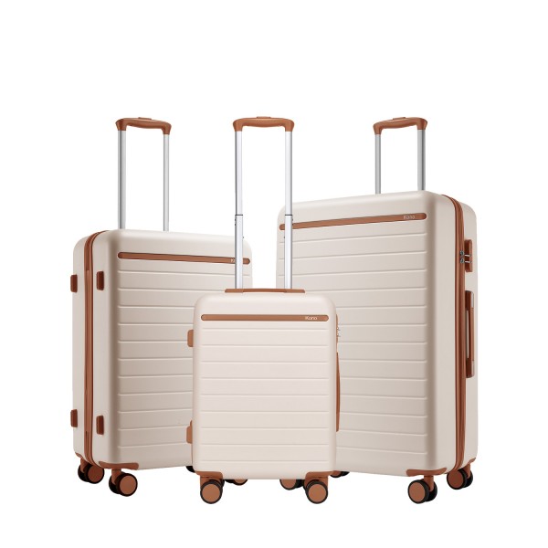 KSK2584 - Kono Scratch-Resistant 3-Piece Hard Shell Luggage Set with Horizontal Stripe Design, Brown Accents & Spinner Wheels - Cream and Brown
