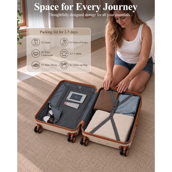 KSK2584 - Kono Scratch-Resistant 3-Piece Hard Shell Luggage Set with Horizontal Stripe Design, Brown Accents & Spinner Wheels - Cream and Brown