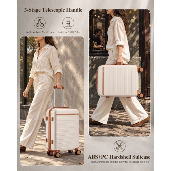 KSK2584 - Kono Scratch-Resistant 24-Inch Hard Shell Medium Check-In Suitcase with Horizontal Stripe Design, Brown Accents & Spinner Wheels - Cream and Brown