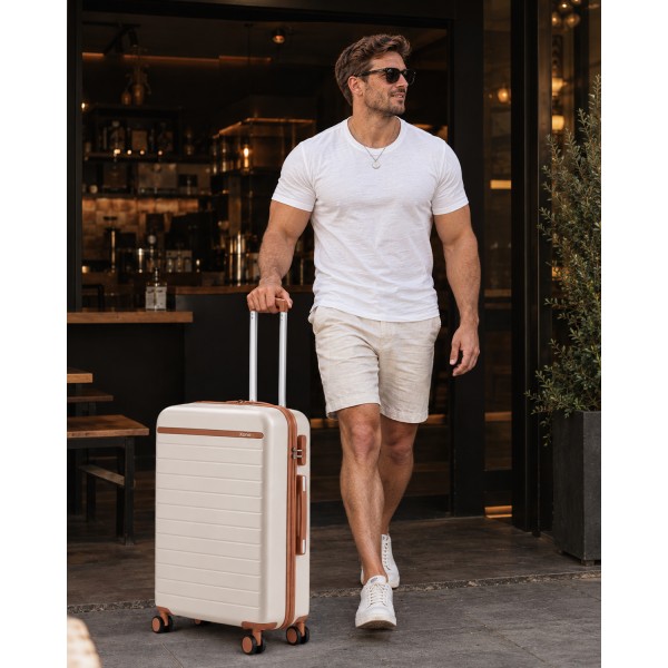 KSK2584 - Kono Scratch-Resistant 24-Inch Hard Shell Medium Check-In Suitcase with Horizontal Stripe Design, Brown Accents & Spinner Wheels - Cream and Brown