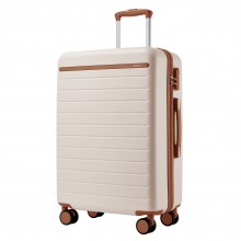 KSK2584 - Kono Scratch-Resistant 24-Inch Hard Shell Medium Check-In Suitcase with Horizontal Stripe Design, Brown Accents & Spinner Wheels - Cream and Brown