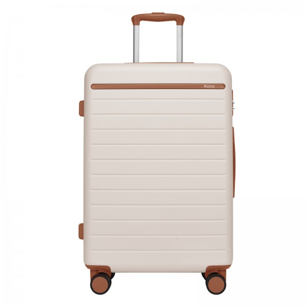 KSK2584 - Kono Scratch-Resistant 24-Inch Hard Shell Medium Check-In Suitcase with Horizontal Stripe Design, Brown Accents & Spinner Wheels - Cream and Brown