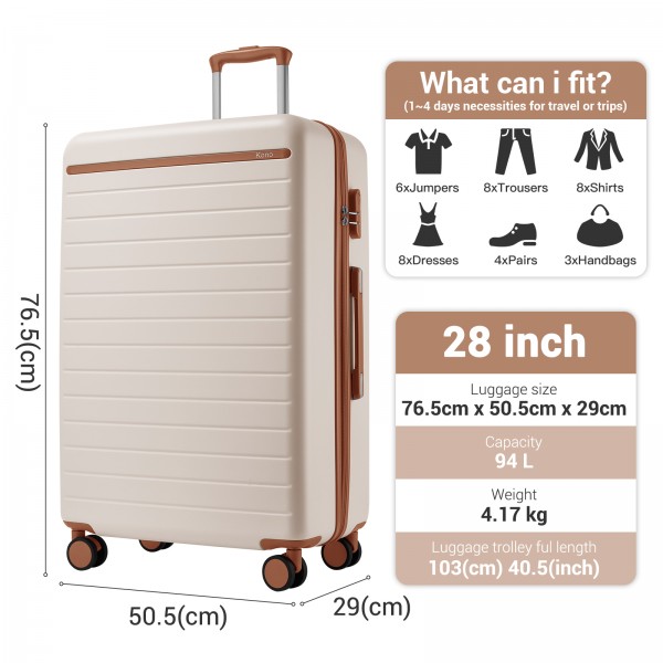 KSK2584 - Kono Scratch-Resistant 28-Inch Large Hard Shell Suitcase with Horizontal Stripe Design, Brown Accents & Spinner Wheels - Cream and Brown