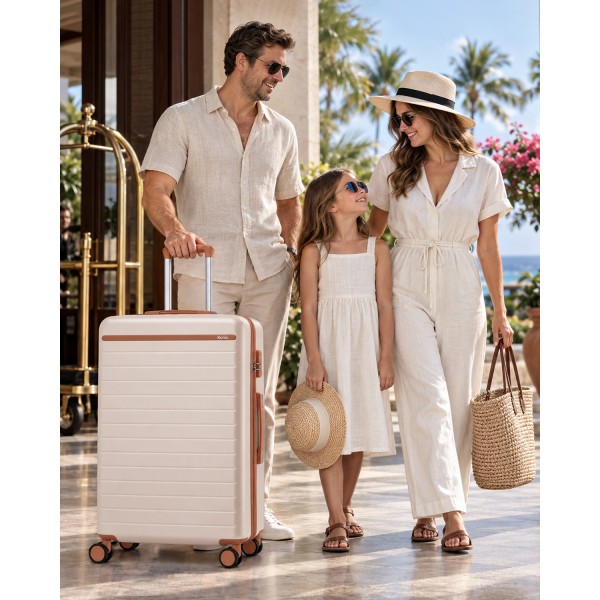 KSK2584 - Kono Scratch-Resistant 28-Inch Large Hard Shell Suitcase with Horizontal Stripe Design, Brown Accents & Spinner Wheels - Cream and Brown