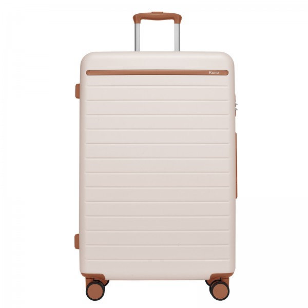 KSK2584 - Kono Scratch-Resistant 28-Inch Large Hard Shell Suitcase with Horizontal Stripe Design, Brown Accents & Spinner Wheels - Cream and Brown