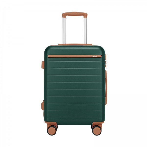 KSK2584 - Kono Kratzfester 20-Zoll-Hartschalen-Kabinenkoffer mit horizontalem Streifendesign, braunen Akzenten und Spinner-Rädern - Grün und Braun