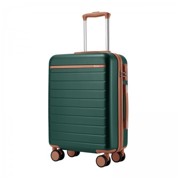 KSK2584 - Kono Kratzfester 20-Zoll-Hartschalen-Kabinenkoffer mit horizontalem Streifendesign, braunen Akzenten und Spinner-Rädern - Grün und Braun