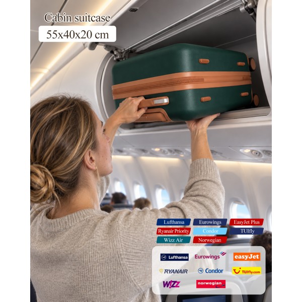 KSK2584 - Kono Kratzfester 20-Zoll-Hartschalen-Kabinenkoffer mit horizontalem Streifendesign, braunen Akzenten und Spinner-Rädern - Grün und Braun