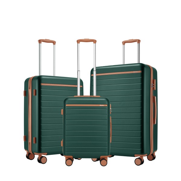 KSK2584 - Kono 3-teiliges Hard-Shell Gepäckset mit horizontalem Streifenmuster, braunen Akzenten und Spinner-Rädern - Grün und Braun