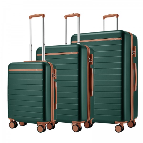 KSK2584 - Kono 3-teiliges Hard-Shell Gepäckset mit horizontalem Streifenmuster, braunen Akzenten und Spinner-Rädern - Grün und Braun