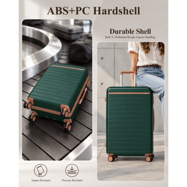 KSK2584 - Kono 3-teiliges Hard-Shell Gepäckset mit horizontalem Streifenmuster, braunen Akzenten und Spinner-Rädern - Grün und Braun