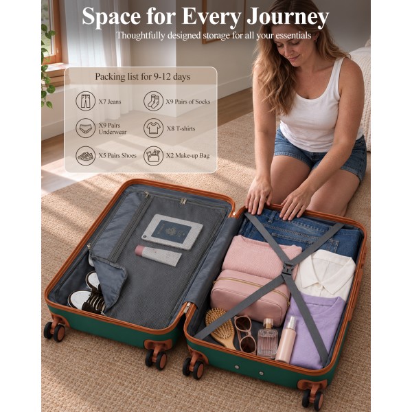 KSK2584 - Kono Kratzerresistente 28-Zoll Hartschalenreisetasche mit horizontalem Streifendesign, braunen Akzenten und Spinner-Rädern - Grün und Braun