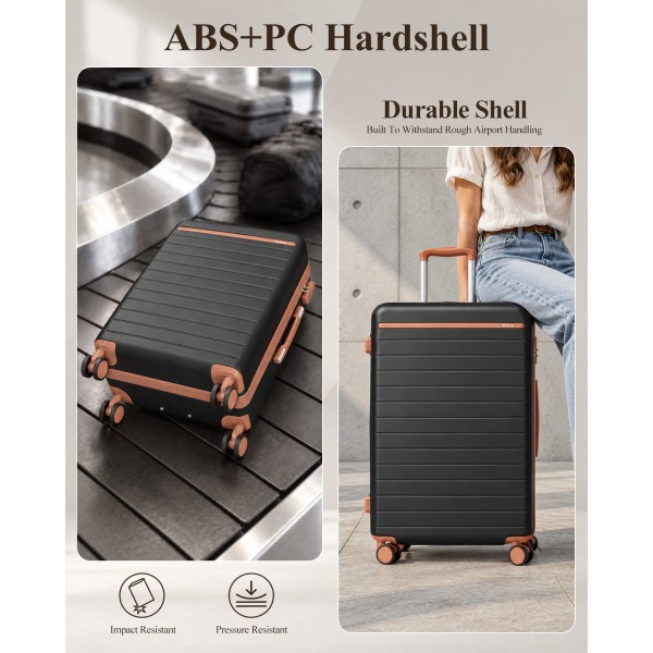 KSK2584 - Kono Kratzfester 20-Zoll-Hartschalen-Kabinenkoffer mit horizontalem Streifendesign, braunen Akzenten und Spinner-Rädern - Grau und Braun