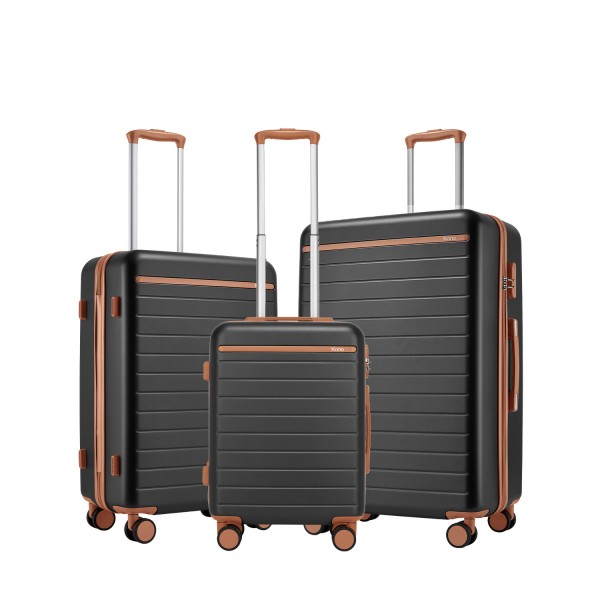 KSK2584 - Kono 3-teiliges Hard-Shell Gepäckset mit horizontalem Streifenmuster, braunen Akzenten und Spinner-Rädern - Grau und Braun