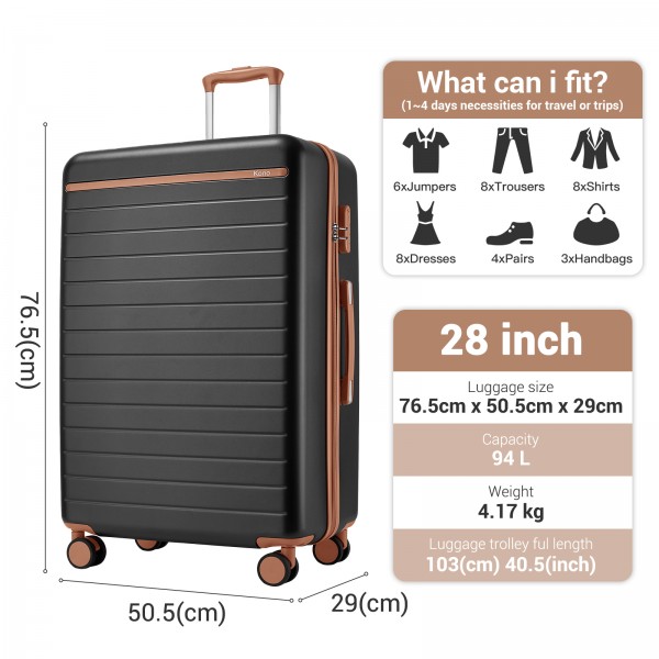 KSK2584 - Kono Kratzerresistente 28-Zoll Hartschalenreisetasche mit horizontalem Streifendesign, braunen Akzenten und Spinner-Rädern - Grau und Braun