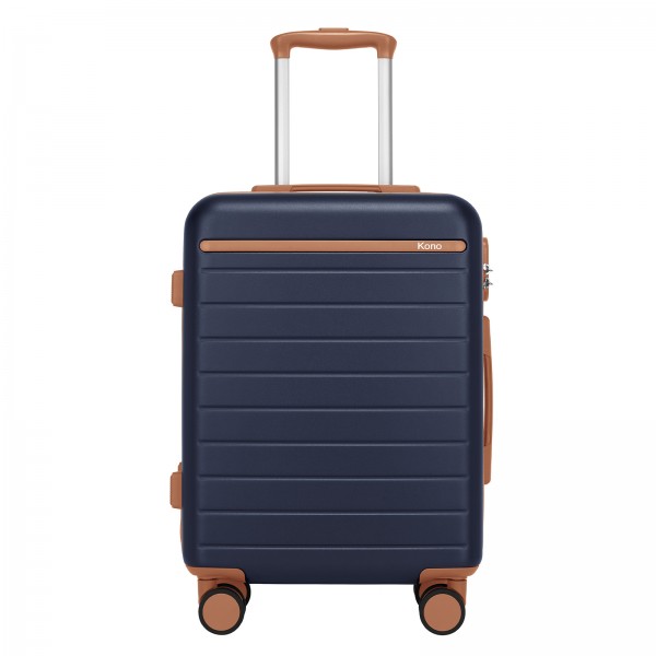 KSK2584 - Kono Scratch-Resistant 20-Inch Hard Shell Cabin Suitcase with Horizontal Stripe Design, Brown Accents & Spinner Wheels - Navy and Brown