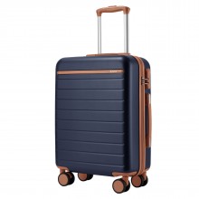 KSK2584 - Kono Scratch-Resistant 20-Inch Hard Shell Cabin Suitcase with Horizontal Stripe Design, Brown Accents & Spinner Wheels - Navy and Brown