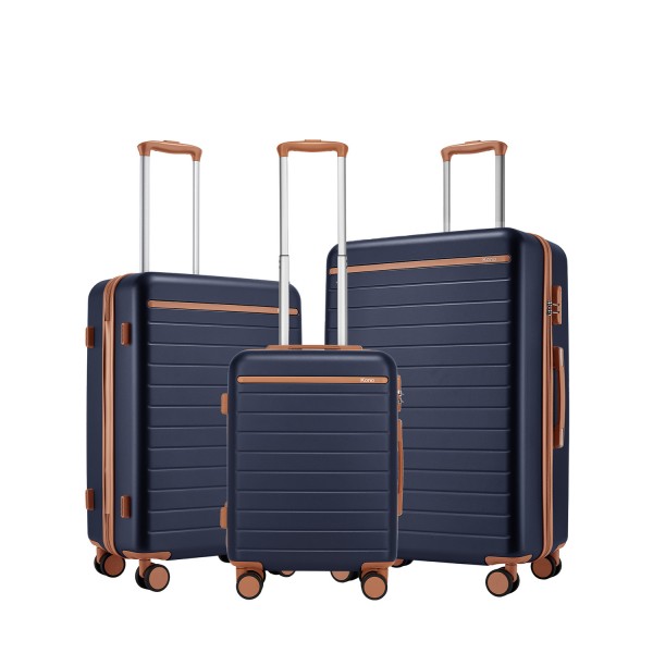 KSK2584 - Kono Scratch-Resistant 3-Piece Hard Shell Luggage Set with Horizontal Stripe Design, Brown Accents & Spinner Wheels - Navy and Brown