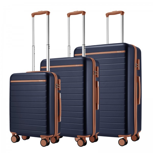 KSK2584 - Kono Scratch-Resistant 3-Piece Hard Shell Luggage Set with Horizontal Stripe Design, Brown Accents & Spinner Wheels - Navy and Brown
